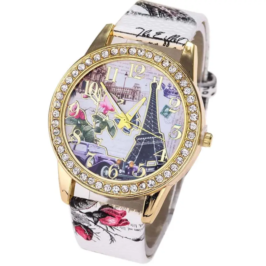 5001 для отдыха модные креативные женские часы Винтаж Париж Эйфелева башня Кожа Кварцевые часы Для женщин Повседневное кристалл наручные