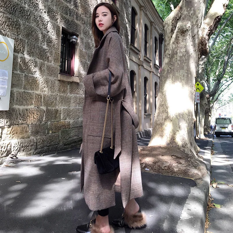 Women Plus Size Long Plaid Woolen Coat Autumn Winter Overcoat