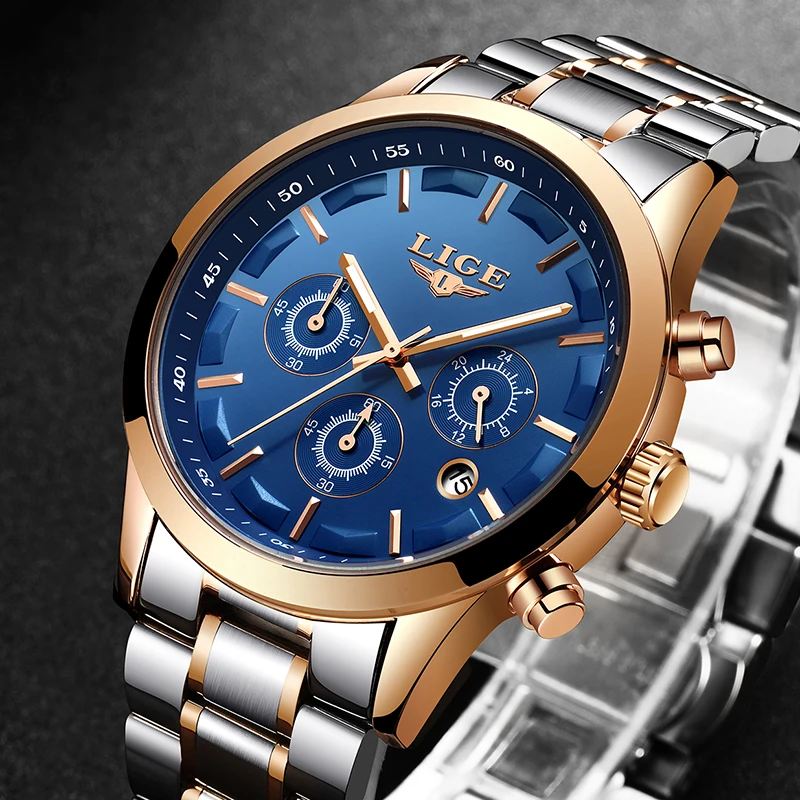  LIGE Men Sport Watch Chronograph Full Steel Strap Quartz Army Military Watches Clock Men Top Brand 