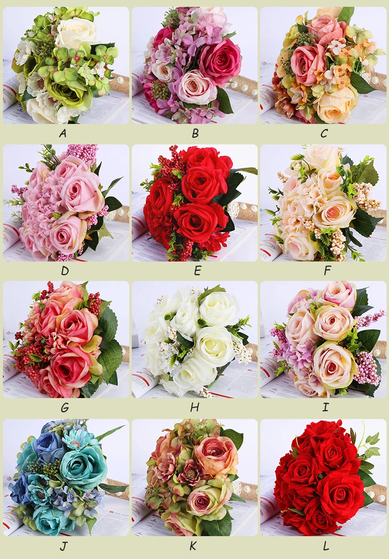 JAROWN Simulation Rose Wedding Bride Holding Flowers European Style Artificial High Quality Silk Fake Bouquets Home Decor Flores (15)