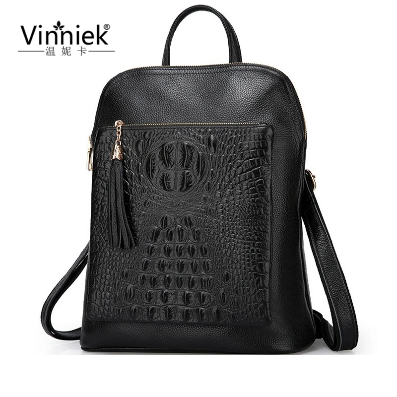 Alligator Genuine Leather Backpack Vintage Rucksack Women School Bags For Teenagers Real Leather Tassel Bagpack Laptop