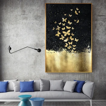Kaufen Abstrakte Goldene Schmetterling Tanzen In Den Himmel Leinwand Malerei Moderne Große Poster Drucken Wohnzimmer Cuadros Wand Kunst Tableaux Salon