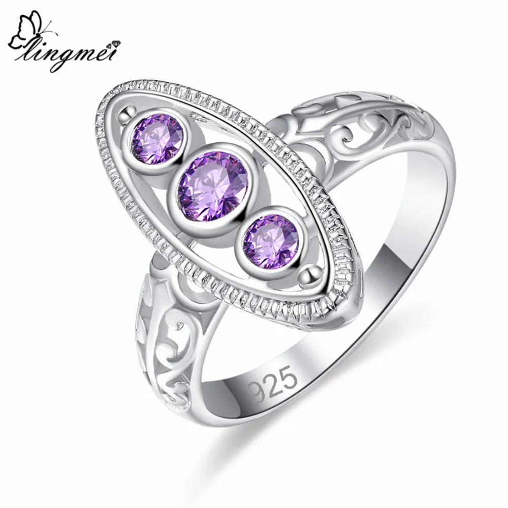 

lingmei 2018 New Comes Round Purple & Pink White CZ Silver Color Ring Size 6 7 8 9 Women Wedding Fashion Jewelry Wholesale Gift