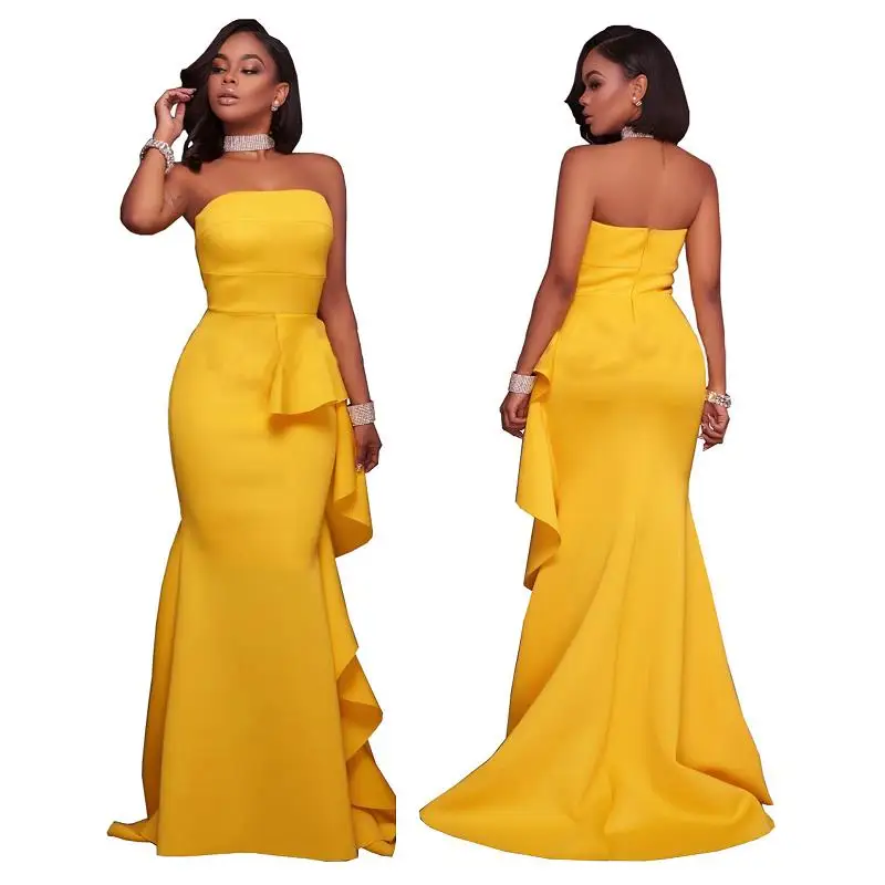 Women Strapless Yellow Dress Ruffle Slash Neck Maxi Mermaid Dress