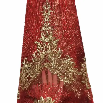 

African Sequins Lace Fabric 2019 Nigerian French Tulle Lace with red gold line Sequins Embroidery Lace Fabric for wedding Dress