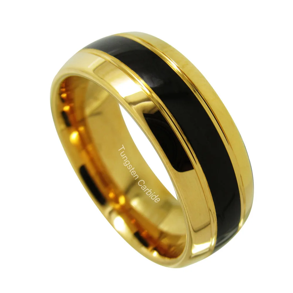 8mm Tungsten Carbide Ring Two Gold Dome Grooves And Black Grooves Inlay