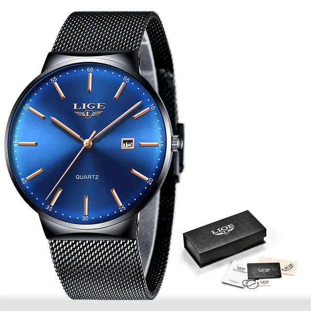 LIGE мужские часы новые роскошные часы мужские модные спортивные кварцевые часы из нержавеющей стали с сеткой ультра тонкий циферблат Дата часы Relogio Man - Цвет: black blue