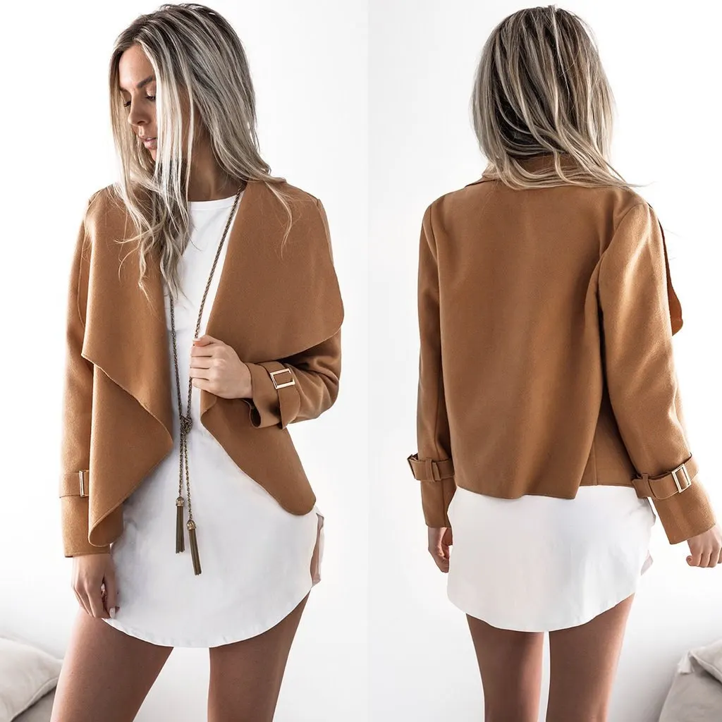 

New Women Casual Long Sleeve Solid Turn-down Collar Jacket Outwear