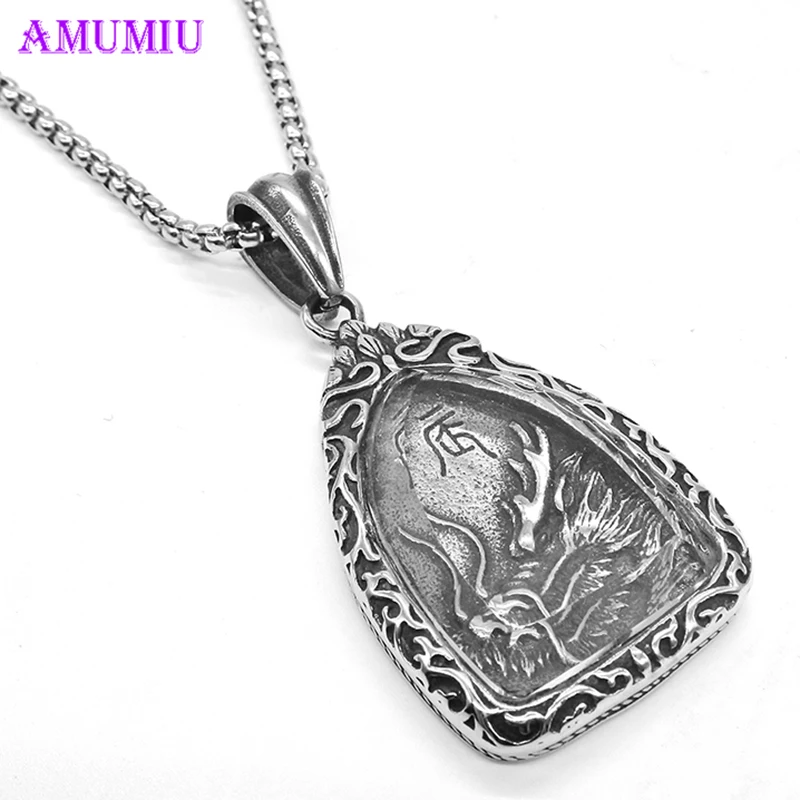 AMUMIU Сталь кулон Цепочки и ожерелья Natural Energy Stone китайский дракон тег Лаки амулет