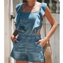 Summer Backless Ruffles Short Rompers For Women Denim Jumpsuit Jeans Women Denim Rompers Sleeveless Sexy Denim Short Jumpsuits