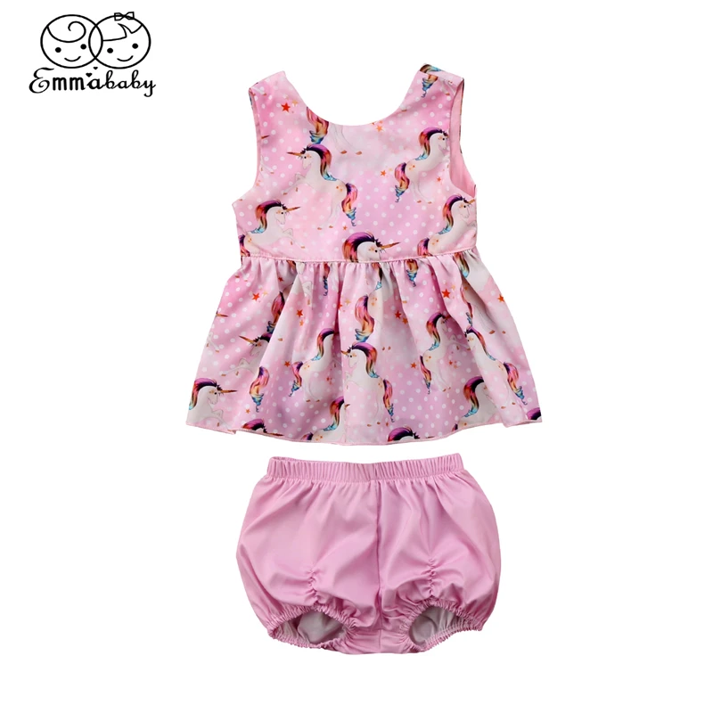 

Emmababy Newborn Baby Girl clothes summer baby girls cartoon Unicorn printed Dresses Shorts 2Pcs Outfits Clothing Set girl