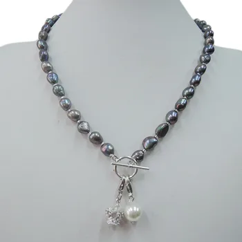 

100% NATURE FRESHWATER PEARL NECKLACE WITH NICE Crown or Eiffel tower pendant .black baroque pearl