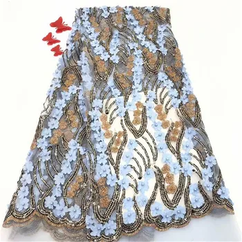 

Newest African Lace Fabric, Lace Fabric Onion Color beads sequins High Quality Lace, Nigeria Lace Fabric For Aso Ebi Blue, gold