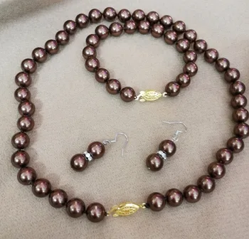 

Women Jewelry Set 8mm 10mm 12mm brown coffee round bead natural south sea shell pearl necklace bracelet dangle hook earrings