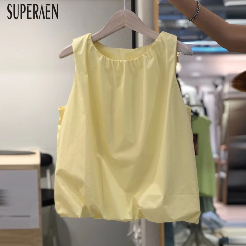 

SuperAen Korean Style Sleeveless Shirts Women 2019 New Solid Color Summer Cotton Ladies Blouses and Tops Round Neck Shirts