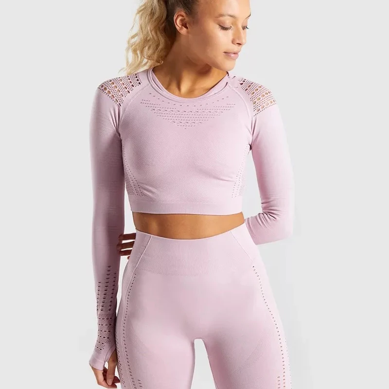 Seamless Yoga Set Long Sleeve Women Fitness Clothing Sportswear Gym Leggings Padded Push-up Strappy Pants 2 Pcs Sports Suits Seamless Yoga Set Long Sleeve Women Fitness Clothing Sportswear Gym Leggings Padded Push-up Strappy Pants 2 Pcs Sports Suits