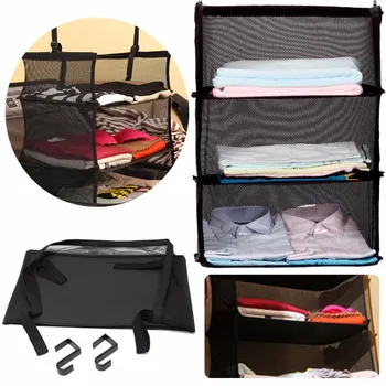 

JX-LCLYL 3 Tier Collapsible Hanging Organizer Closet Luggage Clothes Bag Shelf Storage