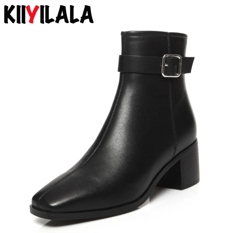 

Kiiyilala Square Toe Genuine Leather Chelsea Boots New Autumn Winter Non-slip Ankle Boots For Women Plus Size Shoes Short Boots