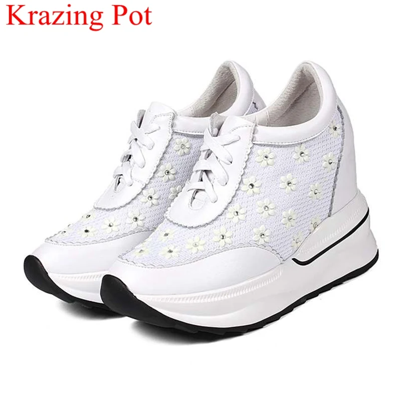 

2018 new arrival cow leather super high casual shoes platform wedge sneaker increased flower loafer women Vulcanized shoes L05