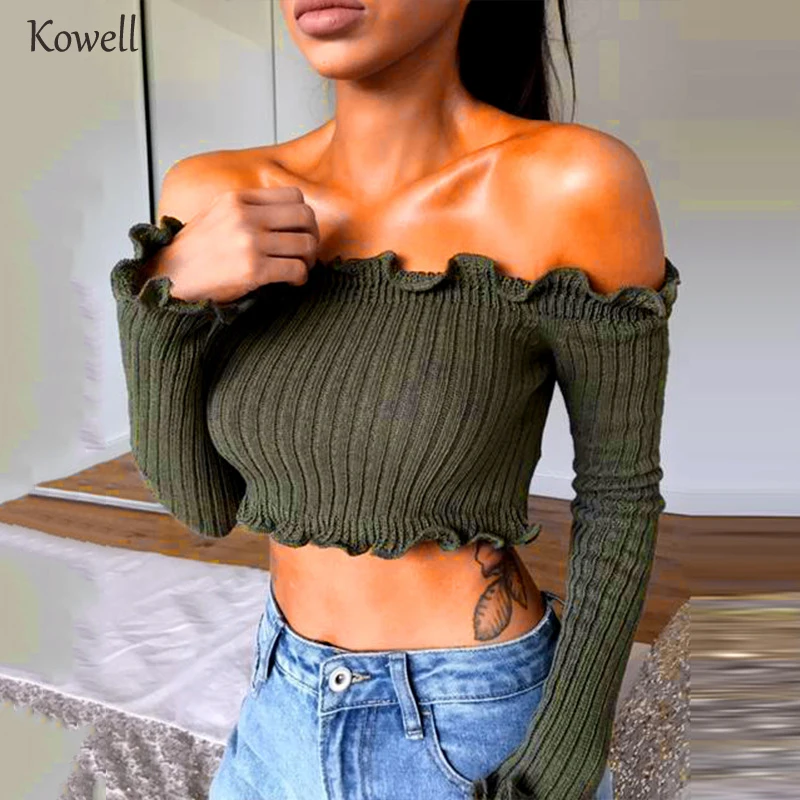 

Off Shoulder Long Sleeve T-shirt Women Crop Top 2018 Stringy Selvedge Party Bustier Crop Top Elastic Tube Club Women Tops