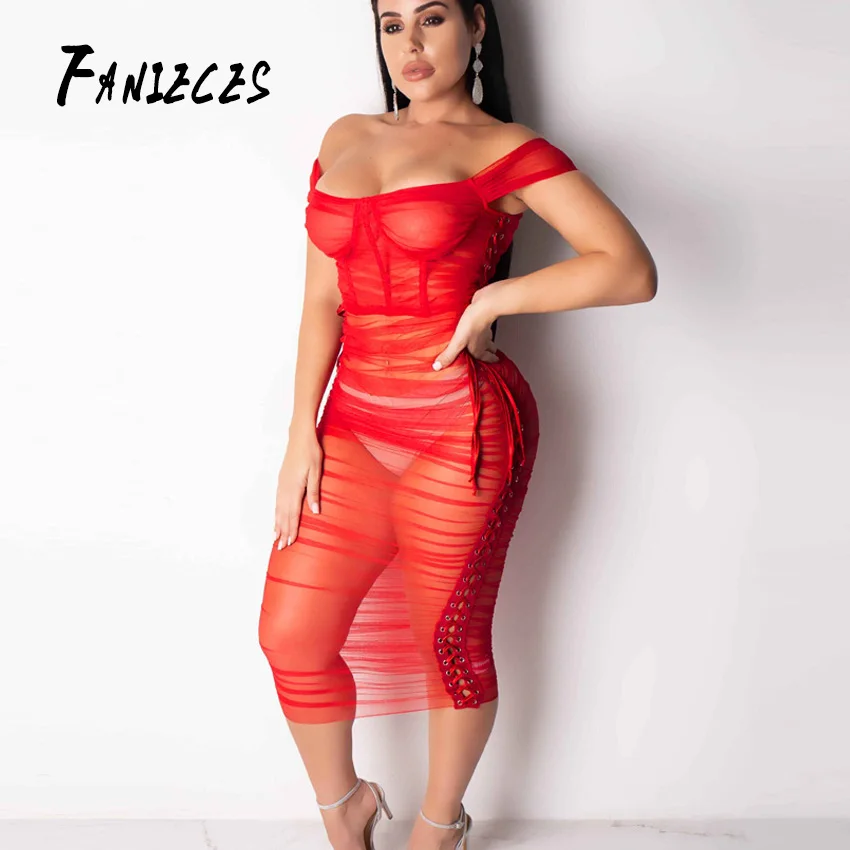 

FANIECES 2019 Summer Women Black red Mesh perspective Dresses Sexy Bodycon Spaghetti Strap Midi Tight Party Club Dress vestidos