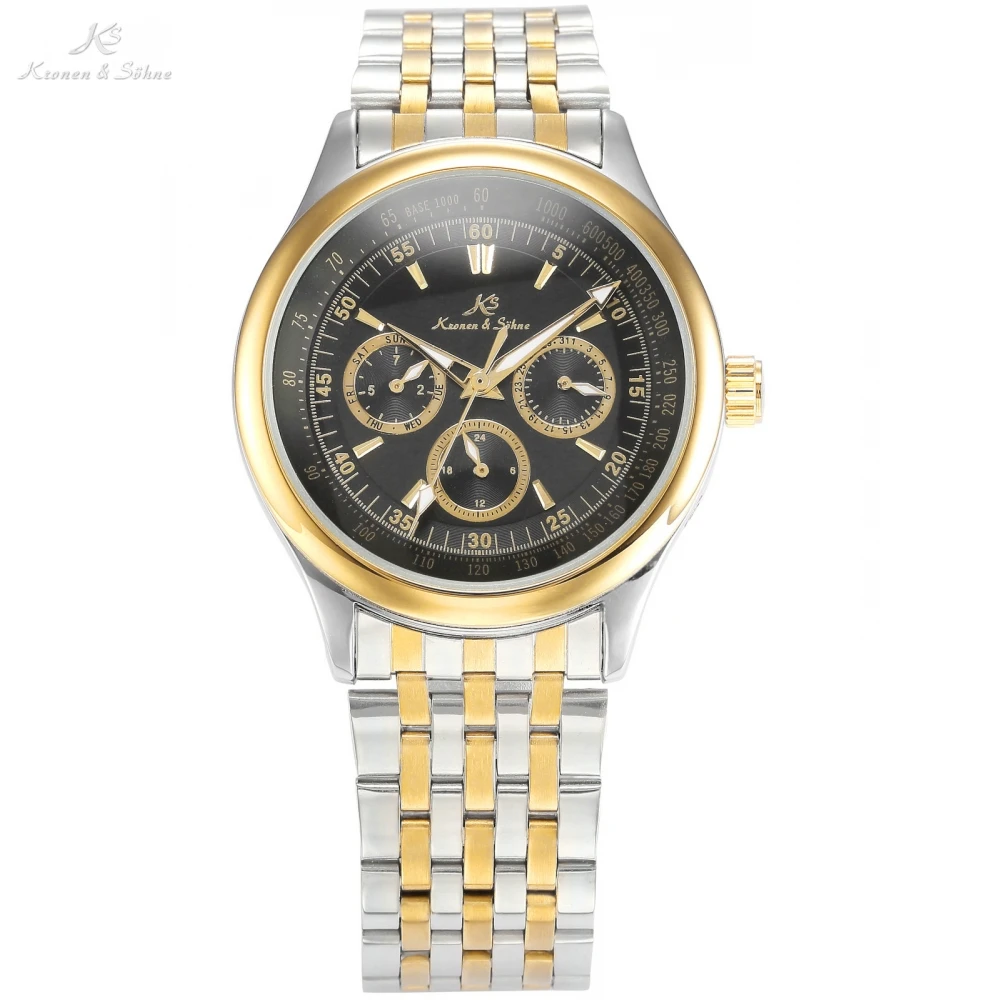 KS Imperial 6 Hands Date Day Calendar Golden Black Steel Strap Male Automatic Mechanical relogio masculino
