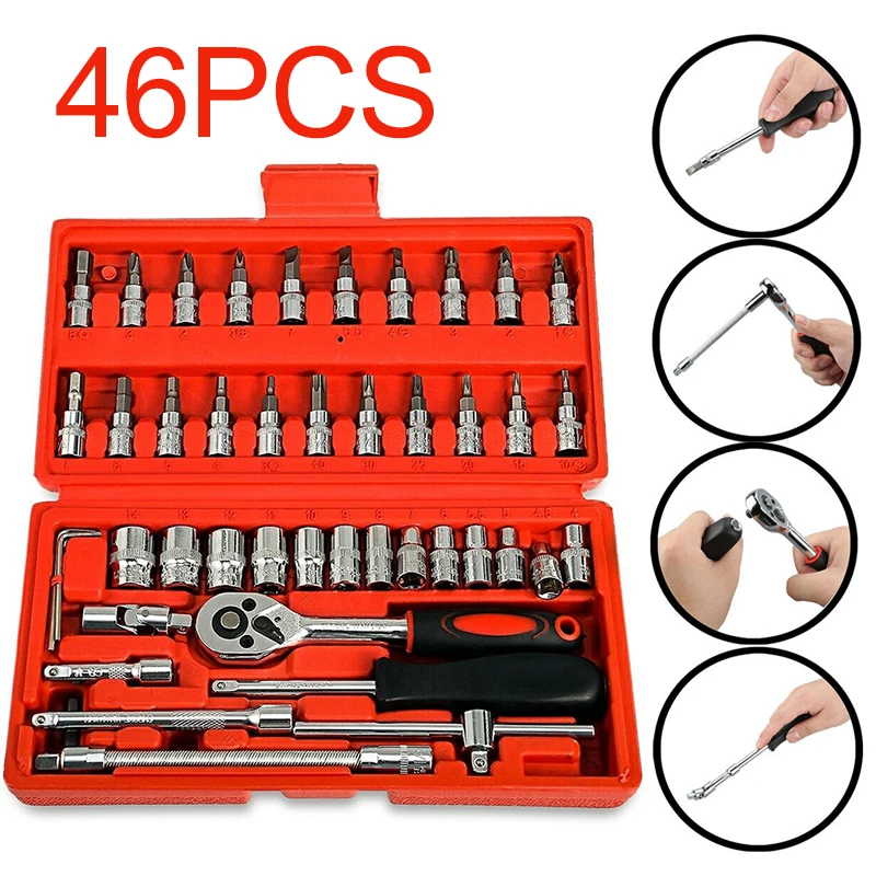 

46pcs 1/4 Inch Wrench Drive Socket Set Repair Tool Ratchet for sCar Auto Automobile Motorcycle Hand Tool Set