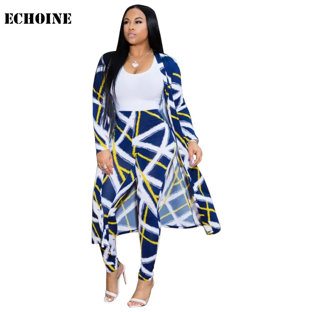 

Print Pants Set 2 Piece Set Long Cardigans Outwear and Pants Sexy Casual Slim Women Pants Set Suit Party Club Wear Outfit Blue