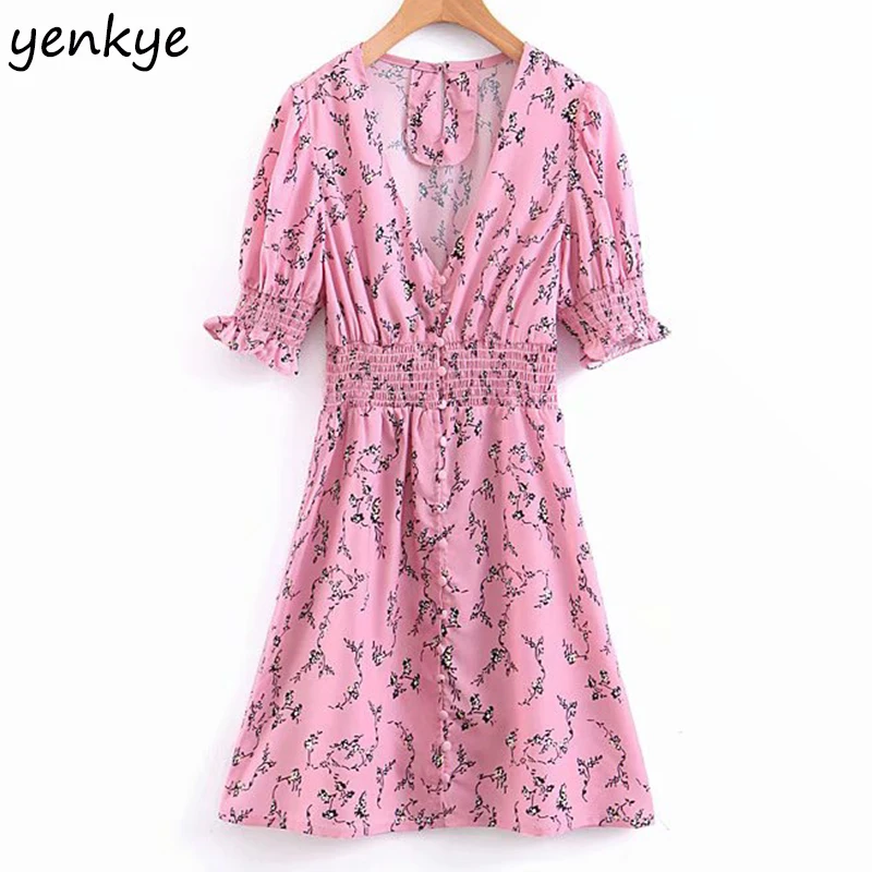

Sweet Summer Dress 2019 Women Pink Floral Print Short Sleeve Dress Elegant Lady V Neck Elastic Waist A-line Mini Short Dress