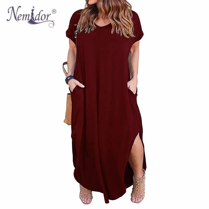 Nemidor женское свободное Повседневное платье с коротким рукавом, v-образным вырезом и передним карманом размера плюс 8XL 9XL вечерние длинные платья макси с разрезом