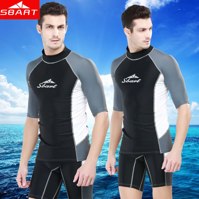 SBART Rashguard Swim Shirts Men Short Sleeve Surf Lycra Top Sunscreen