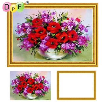 

DPF 5D Diamond Embroidery Red Floral with Frame Diamond painting Cross Stitch full Round diamond Mosaic home decor craft picture