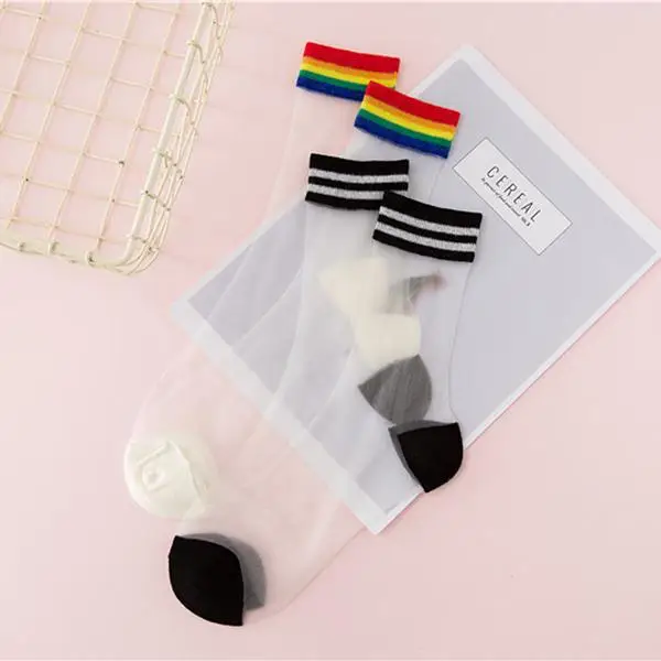 

Women Summer Thin Harajuku Ankle Transparent Rainbow Short Socks