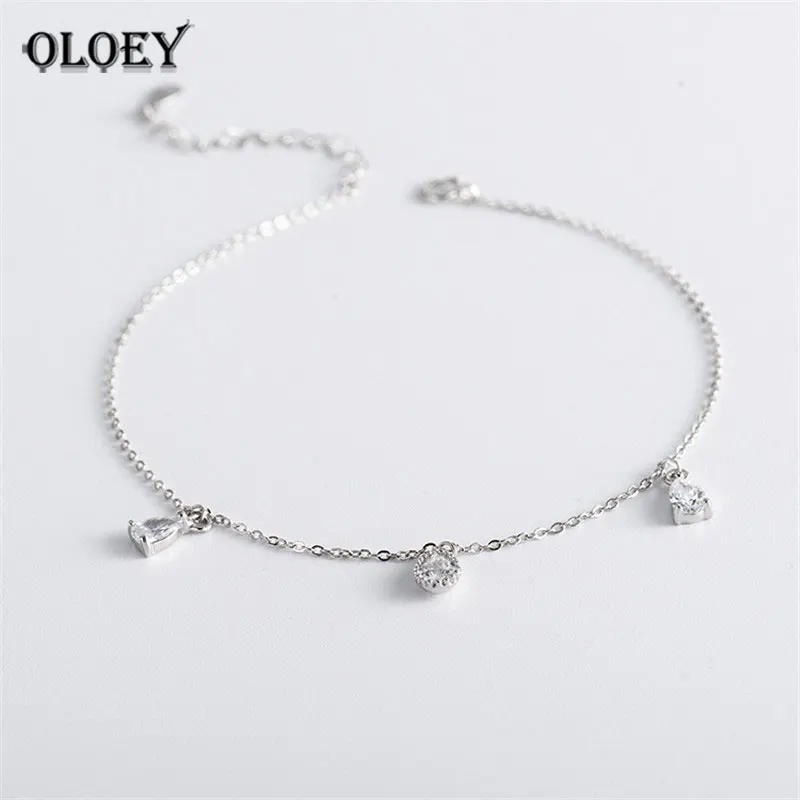 

YPAY Genuine 925 Sterling Silver Ankle Bracelets For Women Korean Style Clear Zircon Water Drop Anklets Chain On The Leg YMA027