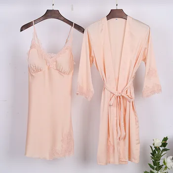 

2019 NEW Womens 2PC Sleep Top Pants Suit Sexy Night Robe Sleepwear Sets Casual Summer Pajamas Sleep Nightwear Kimono Bath Gown