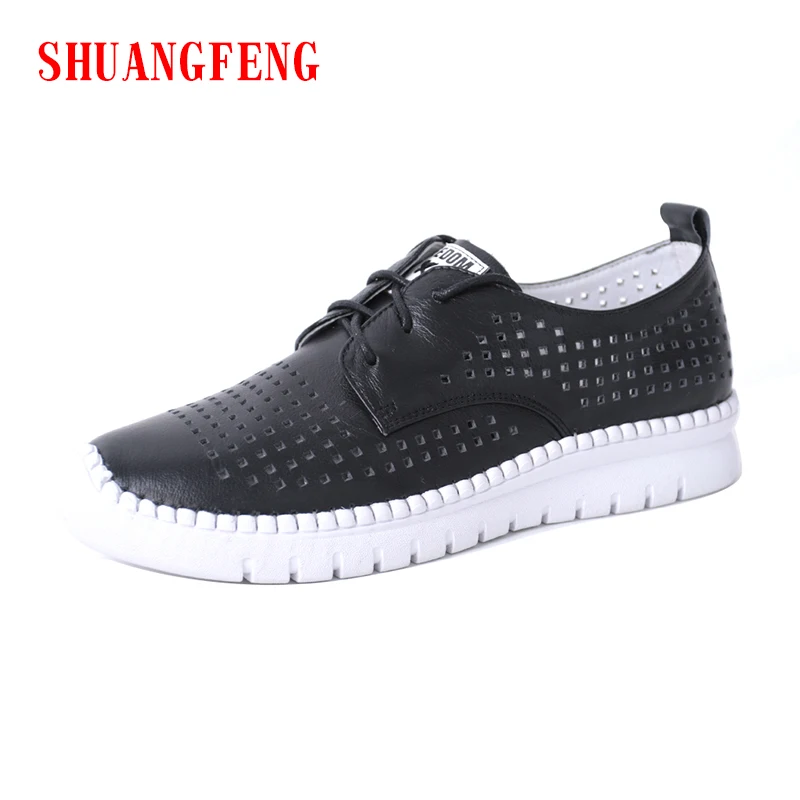 

SHUANGFENG Genuine Leather Casual Women's Shoes 2018 Hot Sale Black White Shoes Woman Flat Sneakers Tenis Feminino zapatos