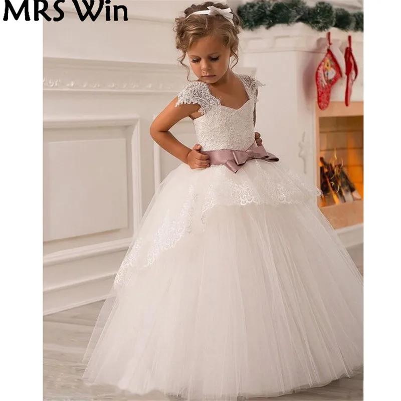 vestidos primera comunion para ninas 2016 First Communion Dresses for Girls White Short Sleeves Lace Kids Evening Gowns (1)