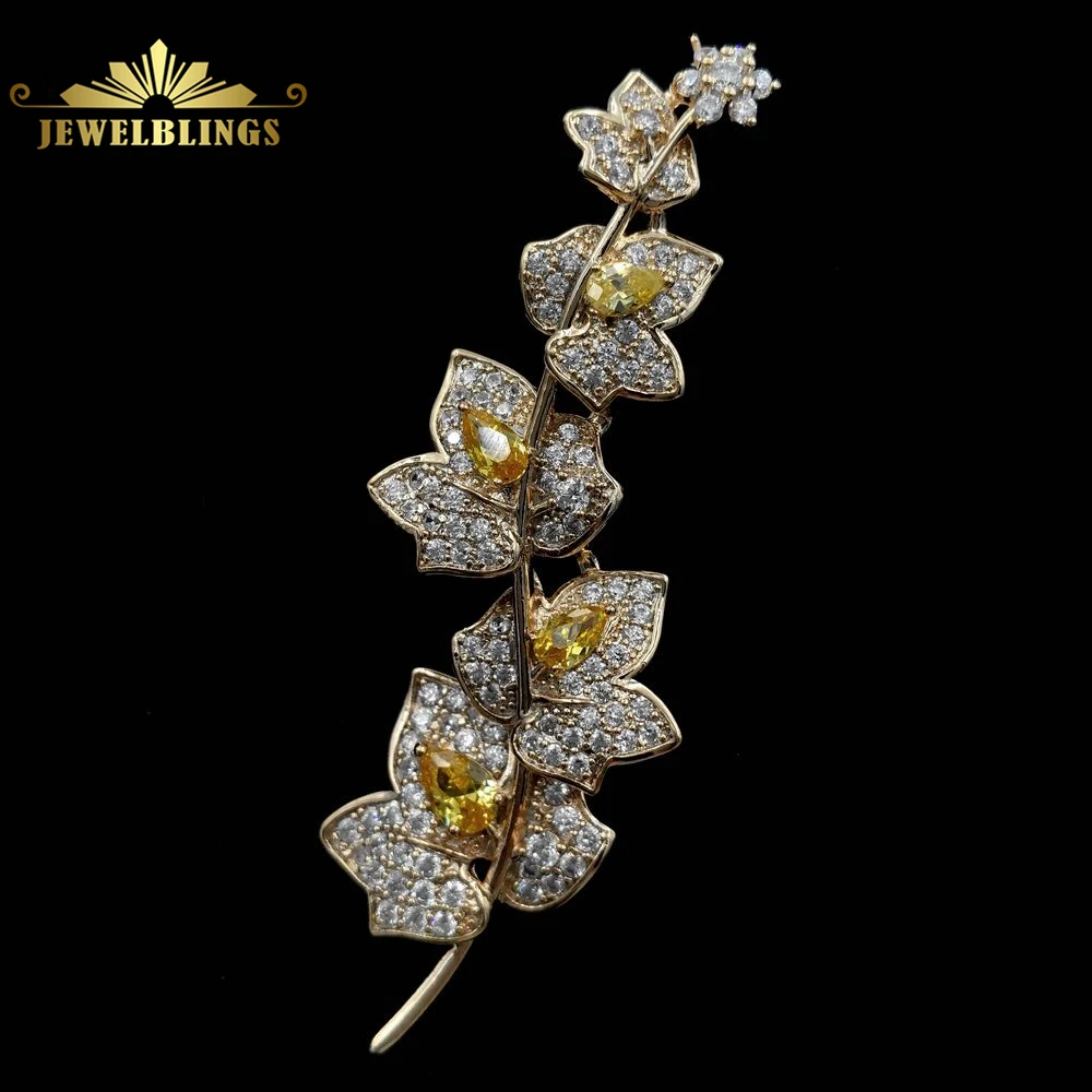 Charming Elegant Vine Plant Branch Yellow Flowers Brooch Gold Tone Micro Pave and Pear Shaped CZ Floral Vane Pin Bridal Jewelry