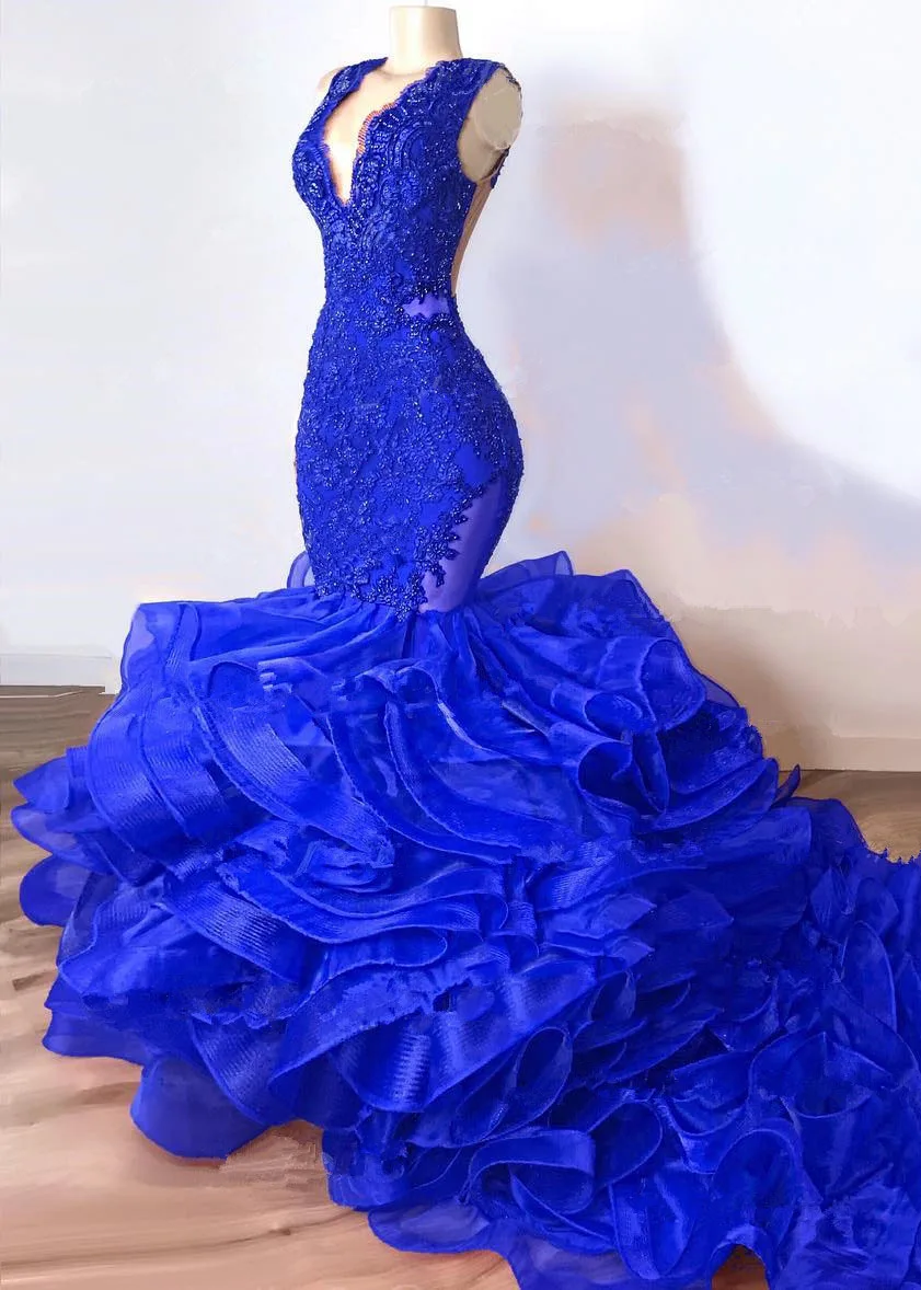 blue dress with ruffles at the bottom