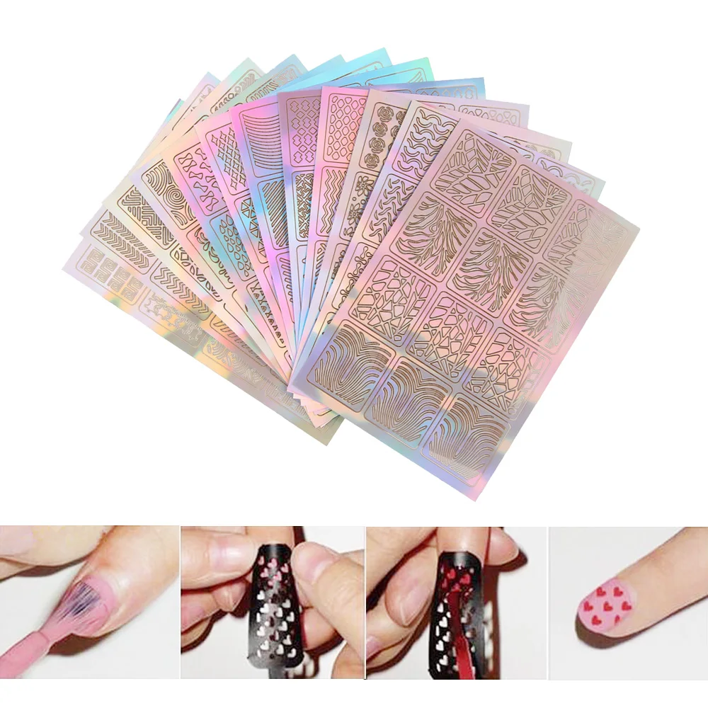 

12 sheet/Set Vinyls Irregular Grid Pattern Nail Stamping Plate Holder Nail Art Tip Manicure Stencil Nail Hollow Stickers Guide