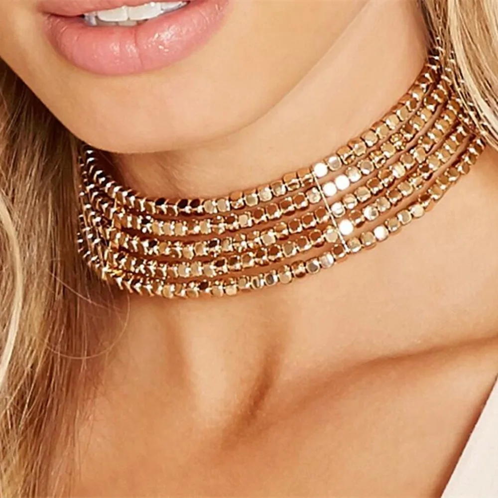 Стильный Яркий Многослойные Квадрат Меди Beaded Choker Сплава Цепи Воротник Биб Панк
