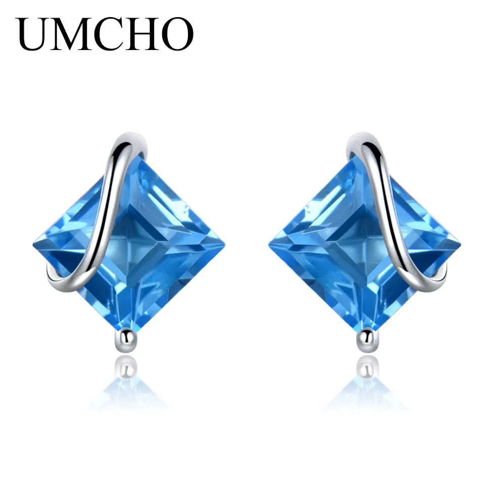 UMCHO 2.5ct натуральный Швейцарский синий топаз драгоценный камень серьги 925 стерлингового серебра серьги гвоздики для женщин свадебный подарок Мода