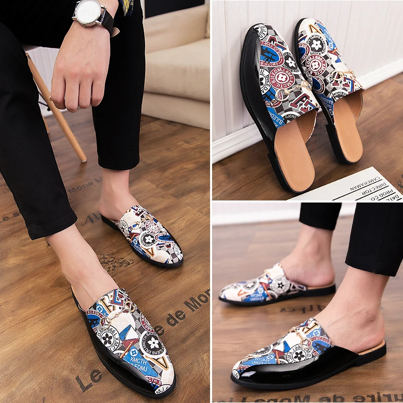 

2019 New Luxury Man Fashion Half Drag Shoes Brand Designer Men Slip On Footwear Pu Leather Half slippers Summer Man Sneakers