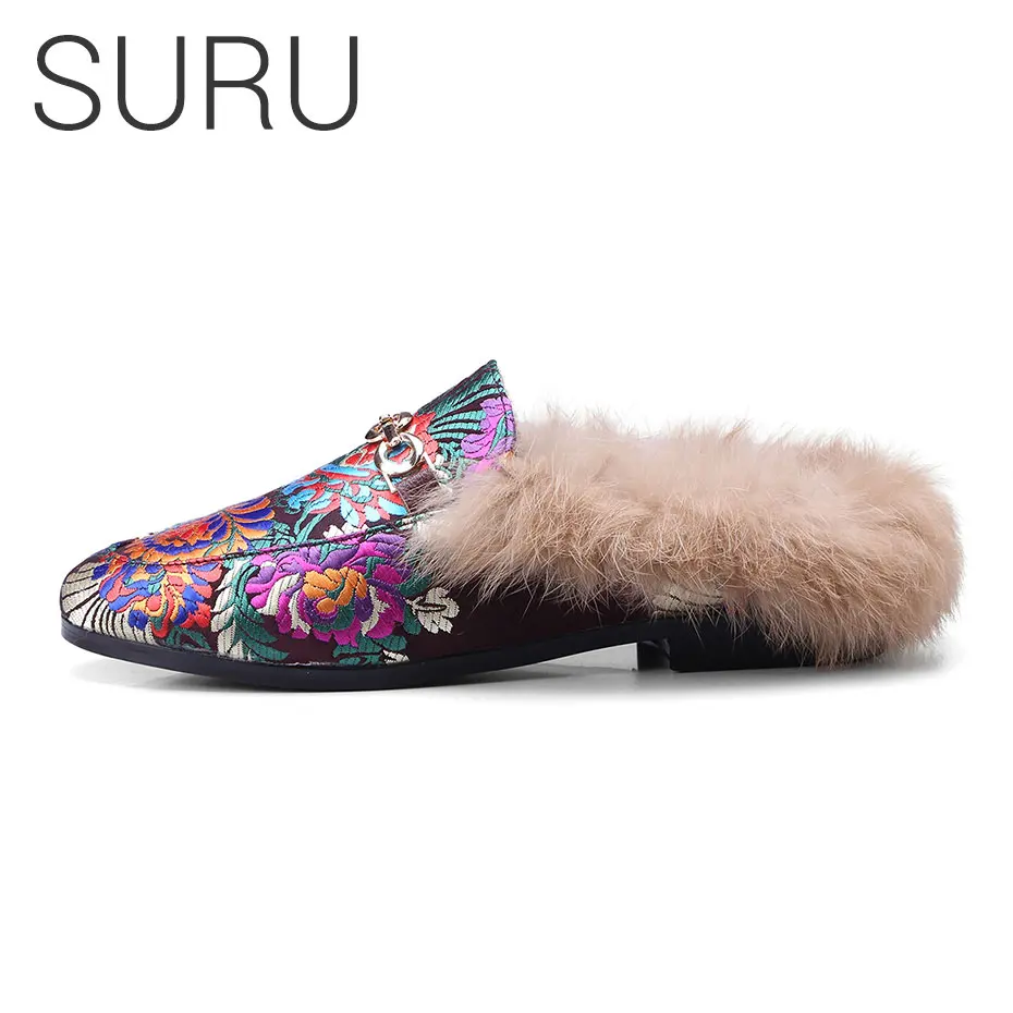 

SURU Slides Flats Slippers Women Embroidered Floral Loafer Mules Shoes Female Home Slippers with Winter Plush Slippers