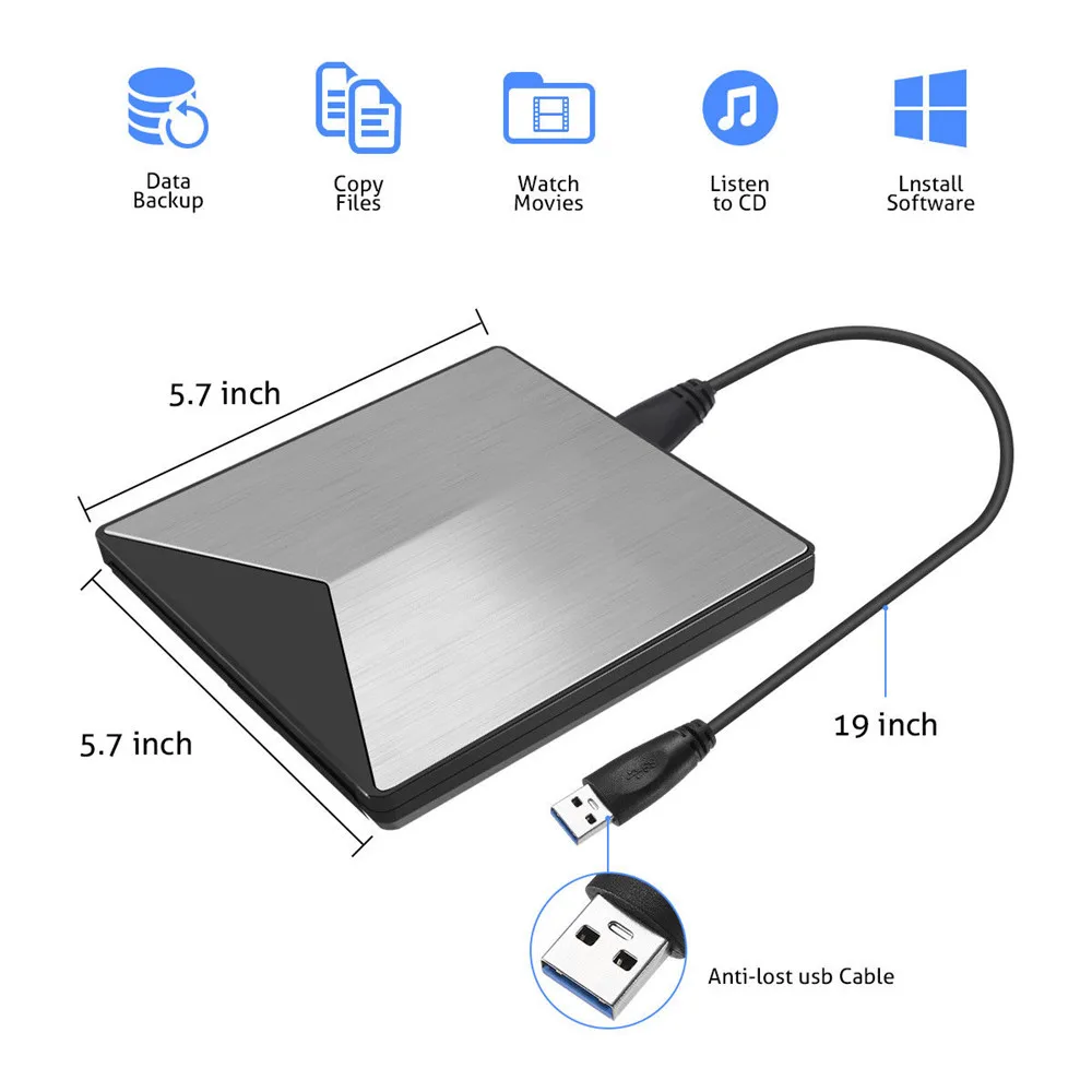 Внешний алюминиевый оптический DVD привод USB 3,0 CD DVD+/-RW горелки Rewriter плеер для ноутбука Настольный ПК Поддержка Windows Mac OS