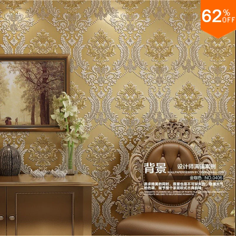 

Best Luxury Euro Hotel Wall Papers Wall Decor Wallpaper Gold Floral carving 3D velvet room decoratiom Wallpaper for Living Room