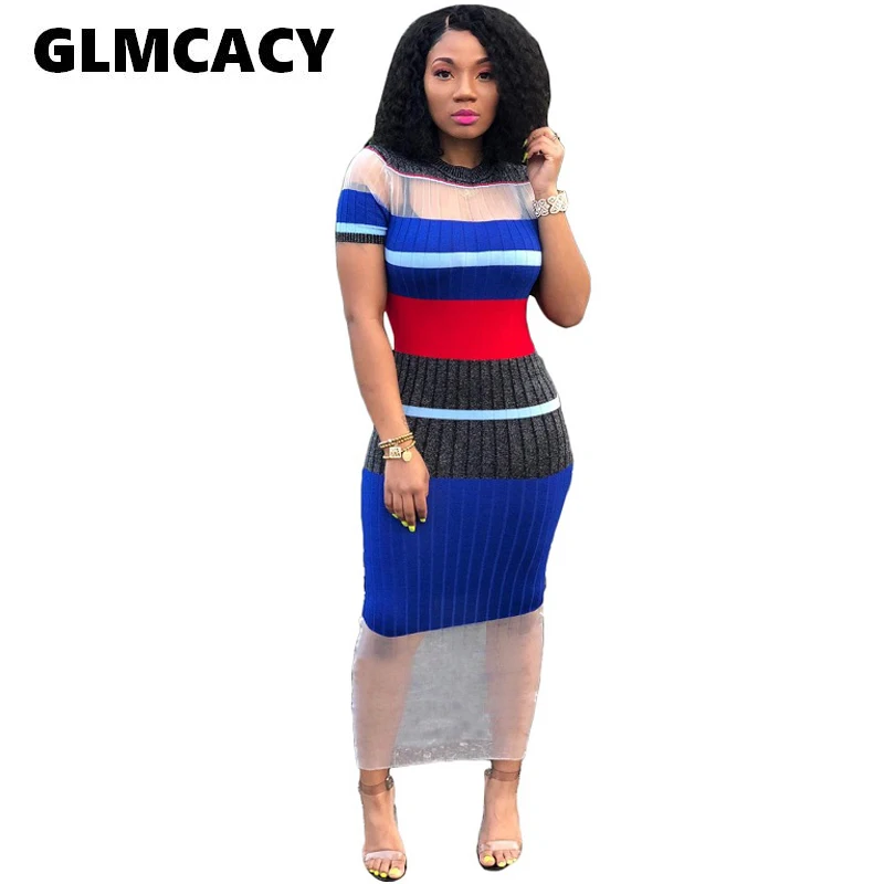 

Women Striped Mesh Insert Patchwork Maxi Dress Stretch O Neck Short Sleeve Sheath Bodycon Long Club Party Dress Casual Vestidos