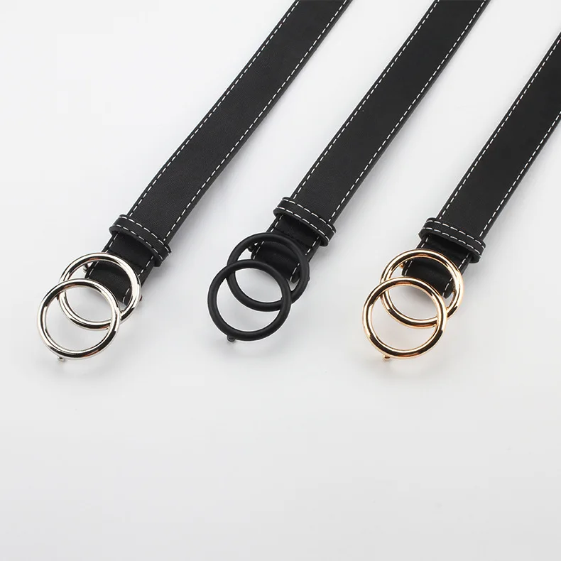

2019 New Women Gold Black Silver Big Double Ring Circle Buckle Belt Waistband Female Ladies Wide Leather Straps Belts for Jeans