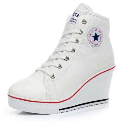 Женская обувь на платформе женская обувь на платформе с высоким каблуком; размеры 34–42 холст Dropshipping Повседневное Кроссовки Лифт Обуви Высокая парусиновая обувь для хип-хопа - Цвет: Белый