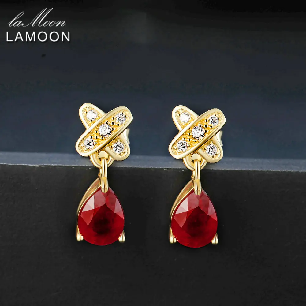 LAMOON Teardrop 5x7mm 2ct 100% Red Ruby 925 sterling-silver-jewelry Stud Earring S925 LMEI050